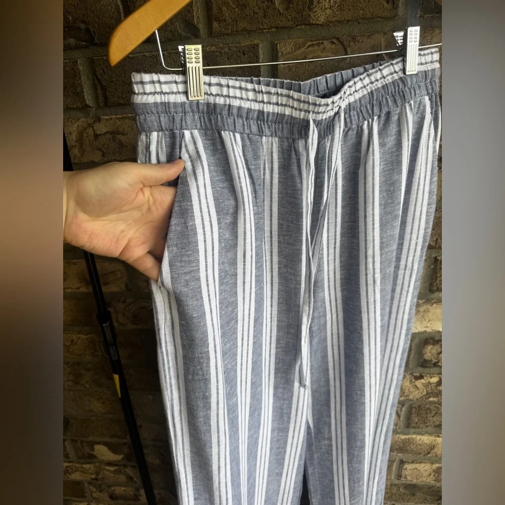 ZARA Linen Blend Striped Wide Leg Pants Blue White Drawstring Size M